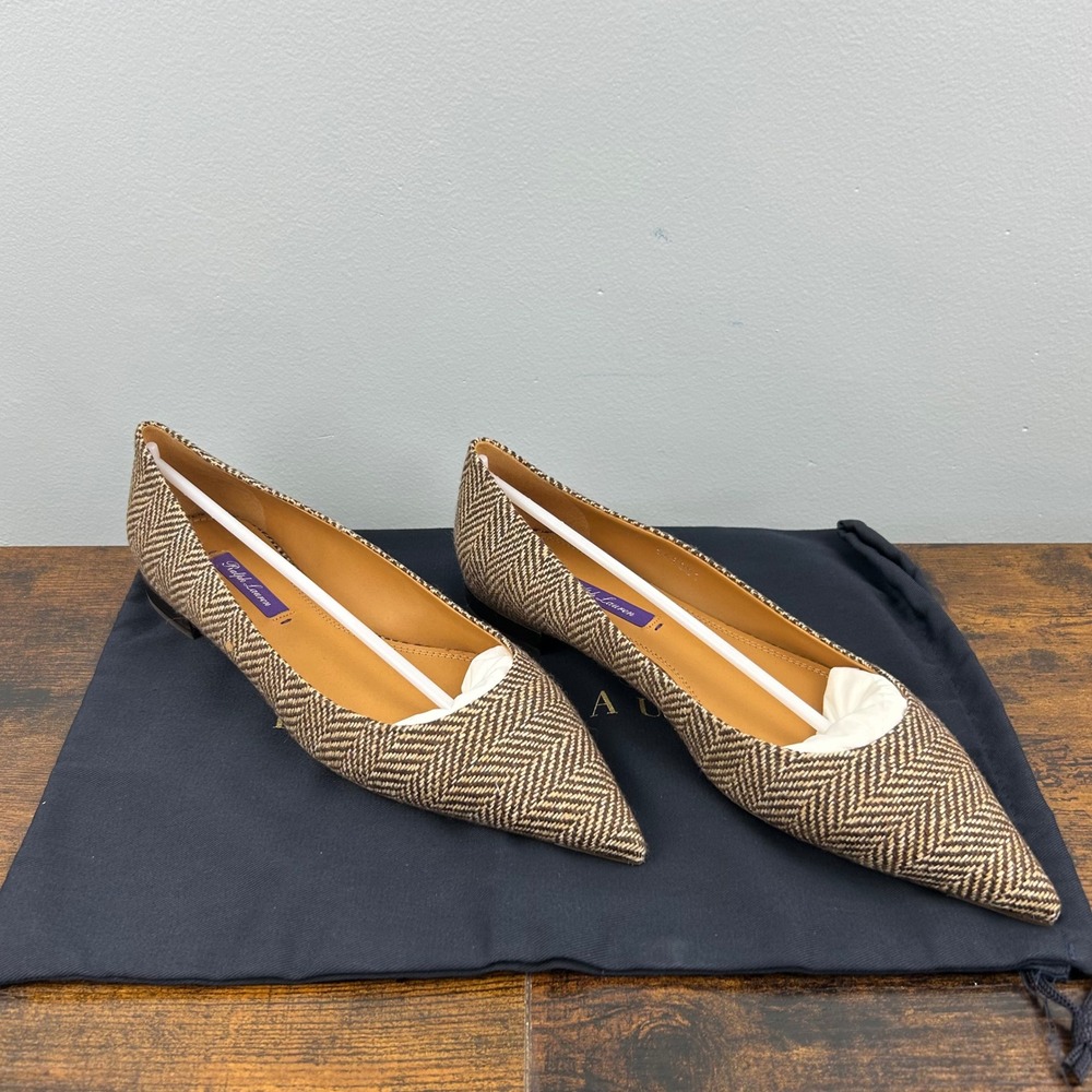 Ralph Lauren Purple Label Herringbone Pointed Toe Flats Brown Wool Shoes W39 NIB - Picture 2 of 10